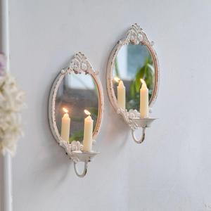 SOFE Rustic White Mirrored Wall Candle Sconces Set of Two, Metal Vintage Wall Candle Holder, Handmade Taper Candle Sconce, Candle Stick Wall Sconce for Living Room, Farm House Wall Home Decor (White-style 2)