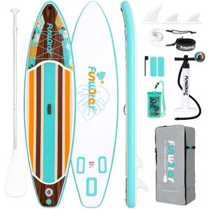 FunWater Inflatable Stand Up Paddle Board with Premium SUP Paddleboard Accessories, Wide Stable Anti-Slip EVA Deck, 11'/10'6" Paddle Boards for Adults & Youth of All Skill Levels (Blue Orange Maple Woodgrain)