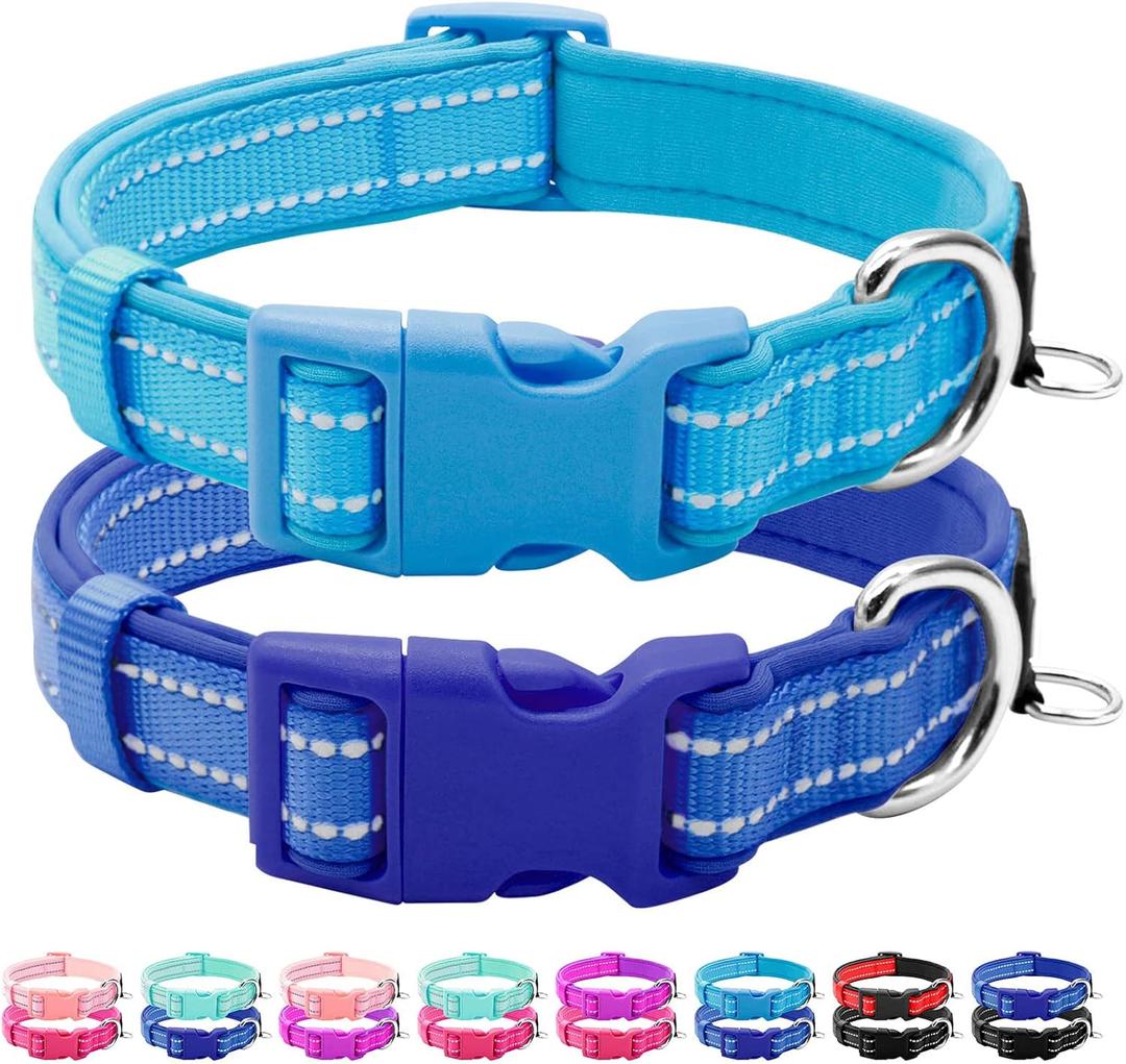 azuza 2 Pack Neoprene Padded Dog Collar for Medium Dogs, Reflective Dog Collar with ID Tag Ring, Adjustable Safe and Comfy Dog Collars,Royal Blue/Sky Blue,M