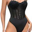 SHENHE Women's Sheer Mesh Sexy Lace Spaghetti Strap Bodycon Bustier Cami Bodysuit (Large, Black)