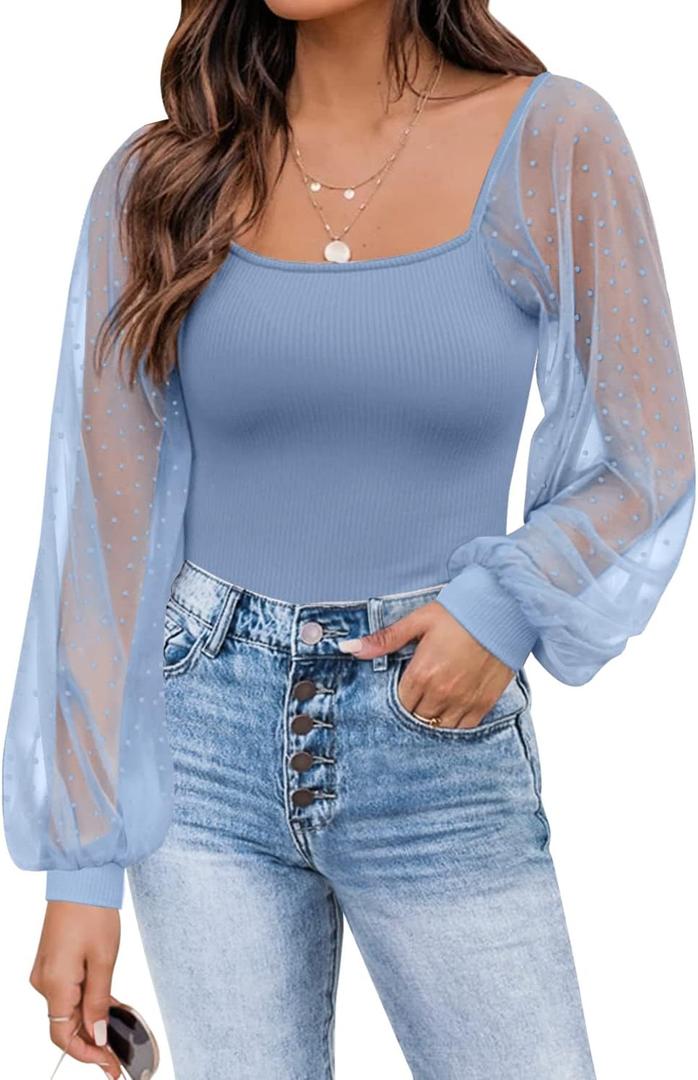 DOROSE Womens Mesh Long Sleeve Shirts Casual Blouses Tops (XX-Large, Grey Blue)