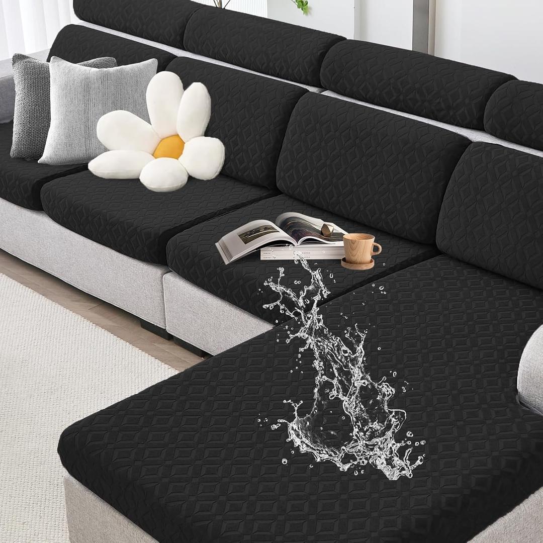 Couch Cushion Covers Waterproof, Stretch Sectional Couch Covers, Sofa Cushion Covers Washable, Non Slip Magic Sofa Covers, with Elastic Bottom and 2 Straps, Pet-Friendly (Large Single Seat Cover)