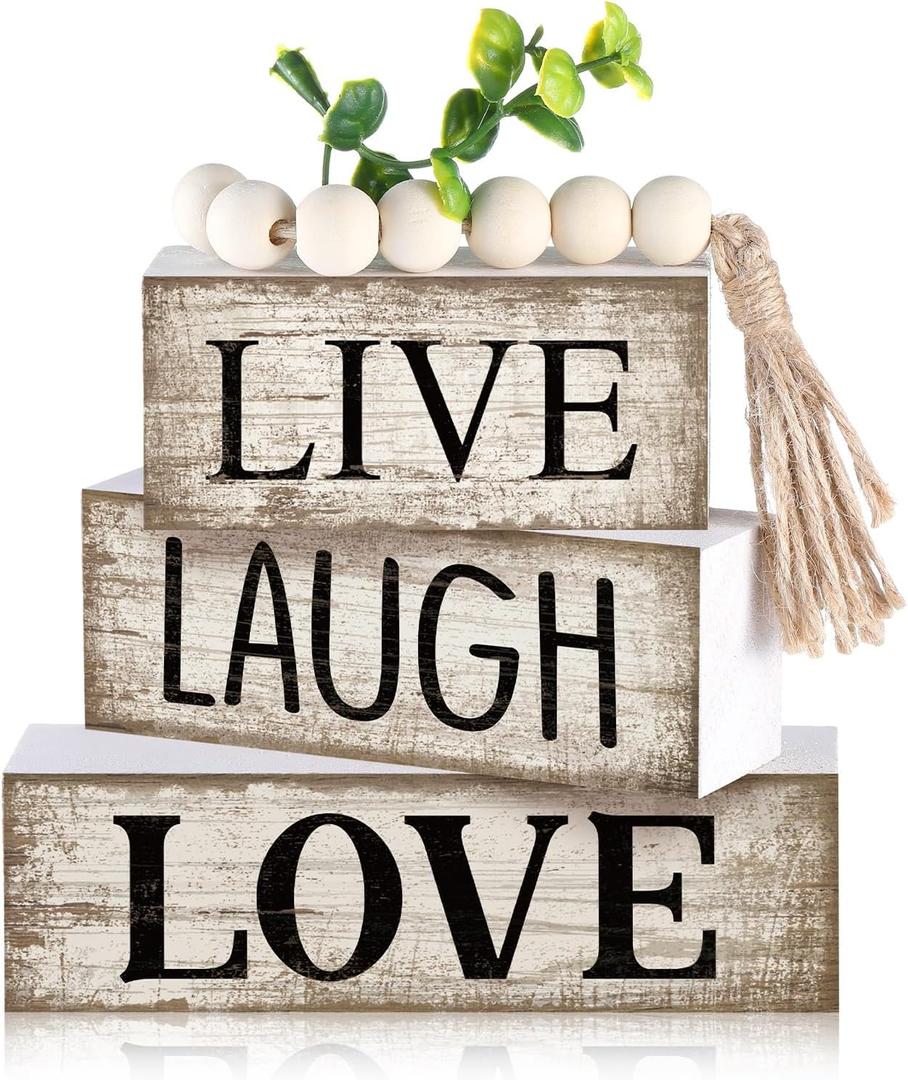 5 Pcs Rustic Farmhouse Tiered Tray Farmhouse Fake Books Decoration Life Laugh Love Wooden Tabletop Decor Love Block Decor Wood Block Sign Gift Centerpiece for Shelf Coffee Mantle Kitchen Table