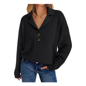 LILLUSORY Womens V Neck Pullover Sweaters Casual Cable Knit Chunky Warm Cute Tops with Collar Polo, size Small, Black