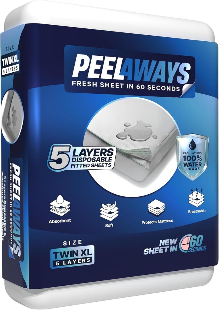 PEELAWAYS Waterproof Disposable Bed Sheets  for Use in Home Mattresses, Hospital Beds, Massage Tables, Hotels, and Campers  Comes with 5 Quick and Easy Peel Away Layers for Your Use (Twin XL, White)