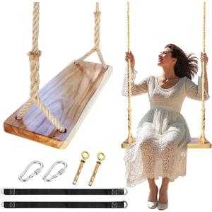 Wooden Swing,Wood Tree Swing for Adults Kids,Adjustable Hemp Rope Plus Tree Straps, 24"x 8"x 1.2" /500LBS LoadsWood Swing Seat for Outside and Indoor Use
