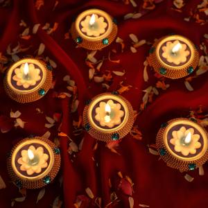 6 Pc Set Decorated Golden Clay MATKI with Blue and White Wax Filled Diya | Diwali Pooja Handmade Dia | Terracotta - Natural EARTHEN Diya - Handpainted with MDF Gift Package