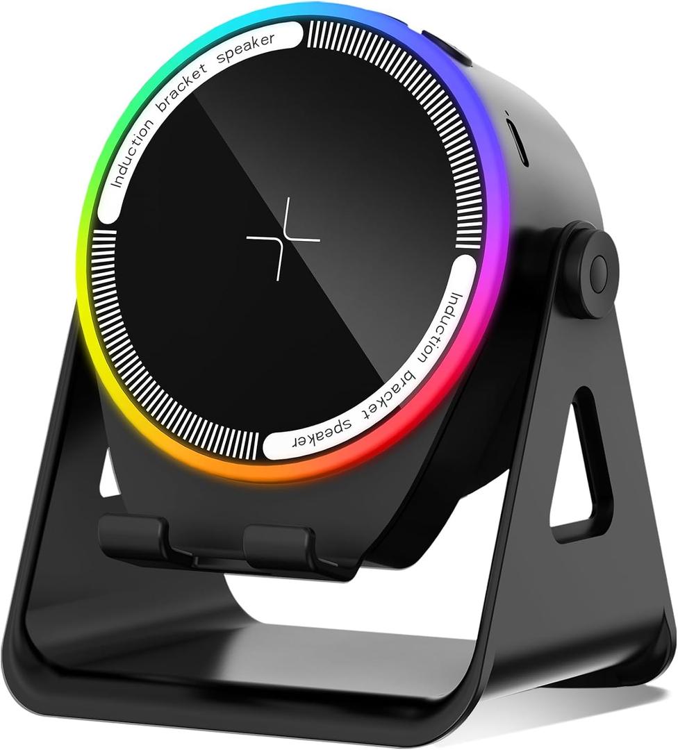 Wireless Induction Speaker, 5-in-1 Bluetooth 5.3 Phone Stand with 360 Rotation & RGB Ambient Light - Cool Tech Gadgets Gifts for Men Women Dad Mom - Compatible iPhone/Android/iPad/Samsung (Black)