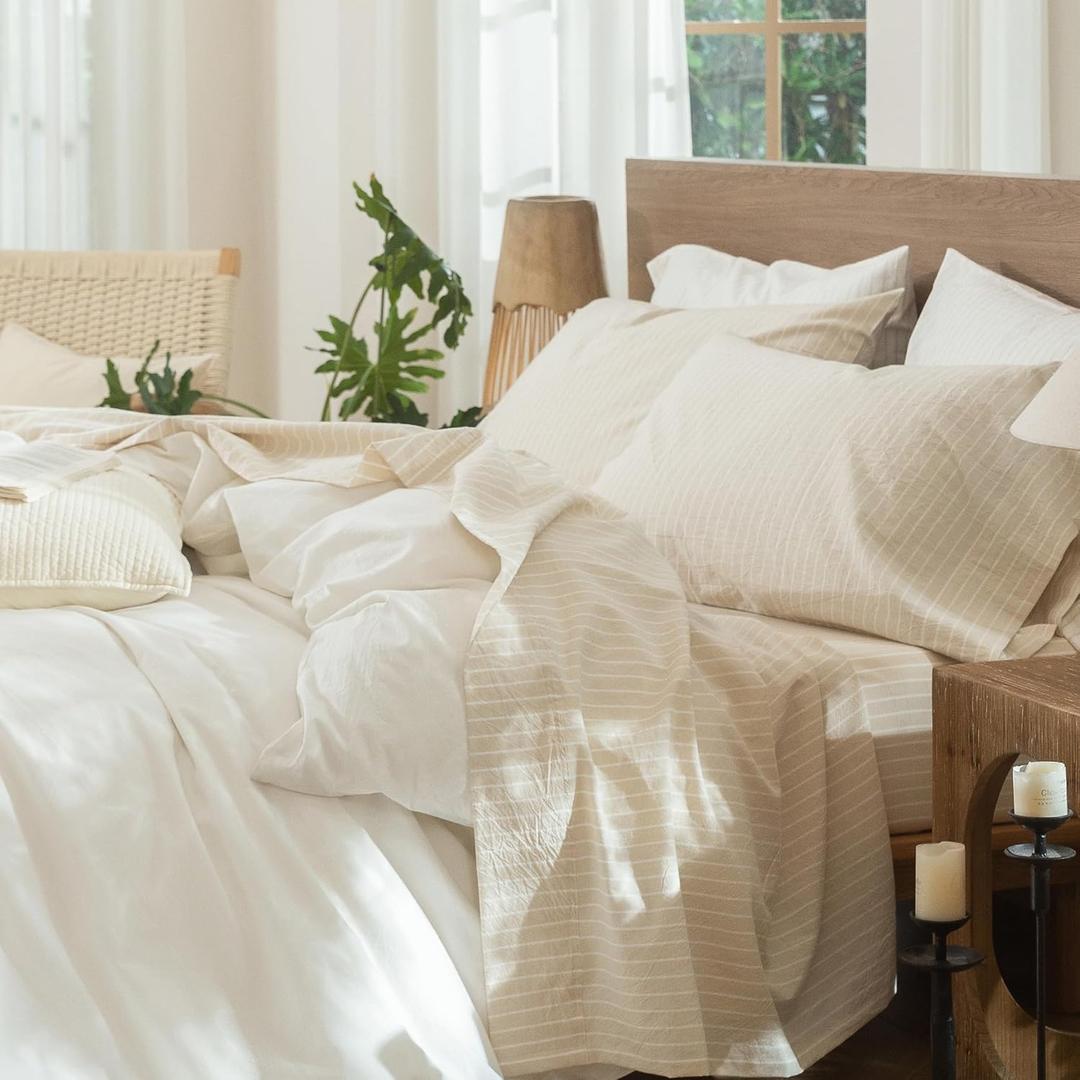 MooMee Striped Sheet Set 100% Washed Cotton Linen Like Textured Breathable Durable Soft Comfy (Almond Milk Grey White Wide Stripes, Queen)