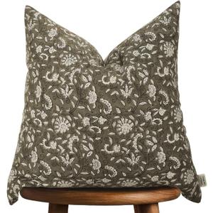 Hand-block printed, artisan-made neutral accent throw cushion cover- Thick cotton cushion for sofa, bed, chair, home decor, gifting, spring vibe, boho, indoor/outdoor - Lina (Olive Night, 20" x 20")