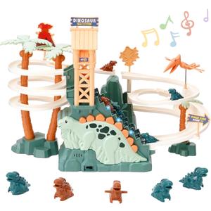 Dinosaur Chasing Race Track Game Set Double Loop Track Slide Toy Climb Stairs Toy Roller Coaster Toys with Music Educational Puzzle Playsets Gift for Toddler Kids Boys Girls Age 3+ (Green)