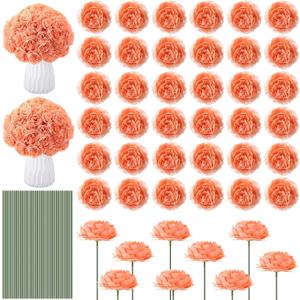 Thiccywoov 200 Pcs Flowers Long Stem Artificial Rose Bulk, 3.2 Inches Silk Rose Head Flowers Faux for Wedding Bridal Bouquet Independence Day Home Floral DIY Centerpieces Party Decoration(Peach)