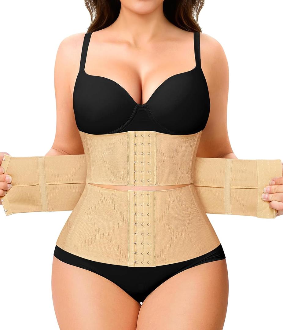 Nebility Waist Trainer for Women Corset Shapewear Tummy Control Segmented Waist Cincher Postpartum Faja Body Shaper (Small, Beige)