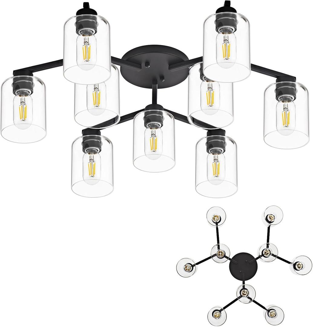 9 Light Kitchen Lighting Fixtures Ceiling Black Semi Flush Mount Ceiling Light Fixture Large Living Room Lighting Cieling Lamps for Dining Room Living Room Light Fixture with Clear Glass Shades