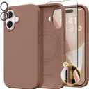 GONEZ Magnetic for iPhone 16 Case, Compatible with MagSafe, [Screen Protector + Camera Lens Protector], Liquid Silicone Shockproof Protective Phone Case for iPhone 16 6.1", Brown