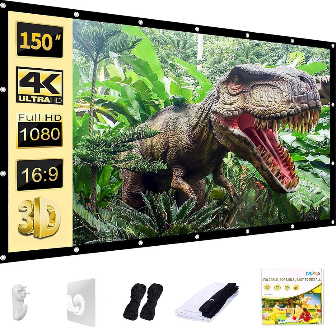 AAJK Outdoor Projector Screen 150 inch, Washable Projector Screen 16:9 Foldable Anti-Crease Portable Projector Movies Screen for Home Theater Outdoor Indoor Support Double Sided Projection