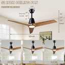 52" Ceiling Fans with Light, Solid Wood Ceiling Fan with Remote Control and DC Motor, with RGB Function, with 3 Fan Blades, Indoor-Outdoor Ceiling Fan for Living Room, Bedroom - Black + Walnut Color
