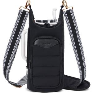 sportsnew Water Bottle Holder for 30oz/40oz Tumbler with Handle, Puffy Water Bottle Carrier Bag with Phone & RFID-Blocking Card Pocket & Drawstring Closure for Quick Access, Patent Pending (Black)