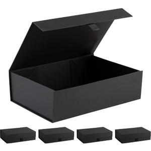 Purple Q Crafts Black Ribbed Hard Gift Box With Magnetic Closure Lid 14" x 9" x 4" Rectangle Favor Boxes With Classy Black Finish (5 Boxes)