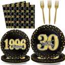 200PCS 30th Theme Birthday Party Tableware Vintage 1996 Party Supplies 30 Year Old Birthday Decorations Plates Napkins Forks Black and Gold Dinnerware Favors for Men or Women