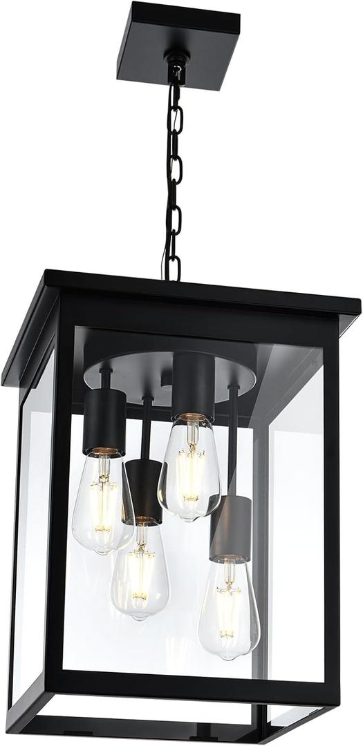 Large Outdoor Pendant Light Fixtures, 4-Lights Black Exterior Ceiling Hanging Lanterns with Clear Glass, Farmhouse Outdoor Chandelier for Front Door Entry Patio