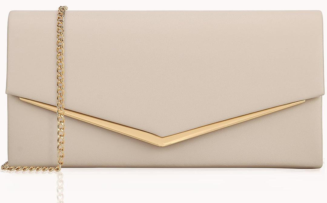 Womens Evening Handbag Vegan Leather Ladies Envelope Clutch Classic Elegant Purse Bags (Light Beige)
