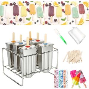 Set of 6 Stainless Steel Popsicle Molds Kit, Metal Popsicle Moulds,Homemade Ice Treat Makerwith 50 Wooden Sticks and 6 Silicone Seals and 20 Pop Bags,Cleaning Brushsemi-circular