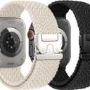 2 x Braided Stretchy Solo Loop Compatible for Apple Watch Ultra 2 Band 49mm 46mm 45mm 44mm 42mm 41mm 40mm 38mm Men Women, Nylon Sport Bands with Parachute Buckle for iWatch Series 11 10 9 8 7 6 SE 5 4 3 (Black/Starlight)