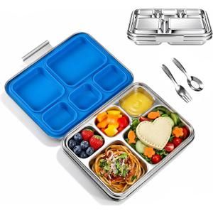 Stainless Steel Bento Lunch Box 7+Order KidsTeens and Adults, Leak-Proof, BPA-Free, 5 Compartments, Eco-Friendly, Durable Lunch Box for School, Office, Fitness, Travel, and Meal PrepBlue)