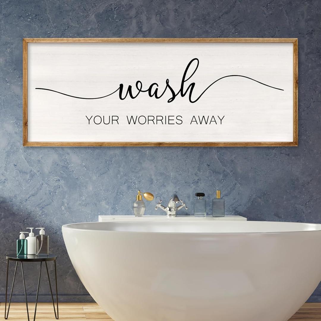 Wash Your Worries Away Funny Bathroom Wall Decor 32x12 Inch Wood Framed Sign Toilet Restroom Modren Laundry Room Wall Art Hanging (Wood)