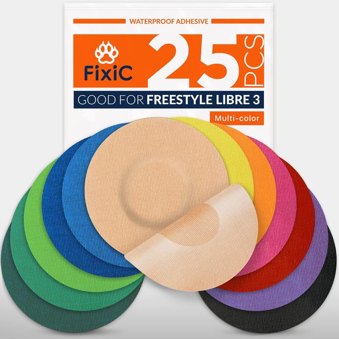 Fixic Freestyle Adhesive Patches 25 PCS  Good Only for Libre 3 & Plus  NO Glue in The Center of The Patch  Pre-Cut Back Paper  Long Fixation for Your Sensor! (Multi-Color)