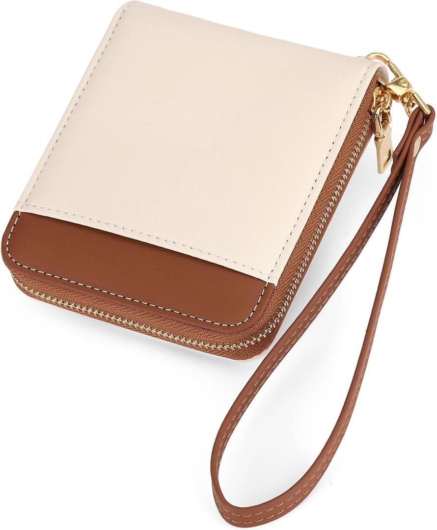GAEKEAO Womens Wallet RFID Blocking Zip Around Wristlet Wallet Vegan Leather Card Holder Purse with Change Pocket (White & Brown)