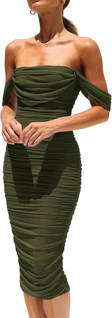 PRETTYGARDEN Summer Off The Shoulder Ruched Bodycon Dresses Sleeveless Sexy Party Club Midi Dress (Medium, Army Green)