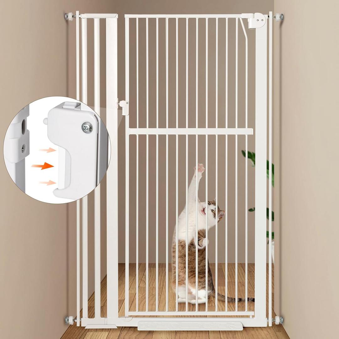 59 Extra Tall Pet Gate, Durable Metal Cat Gate with Double Safety Lock & Walk Thru Door - Self Closing/Stay Open/Open Both Ways, Pressure Mounted Dog Gate for Indoor Stairs, Doorways, Hallways (33.4"-37.4" Wide / 85-95cm, White)