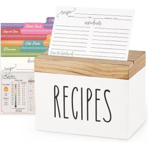 Dahey Wooden Recipe Box White Recipe Organizer with 100 Recipe Cards and 6 Dividers, Recipe Card Holder Box Set with Lid and Slots to Write in Your Own Recipes for Cooking Lover Kitchen, 6.9''x4.3''