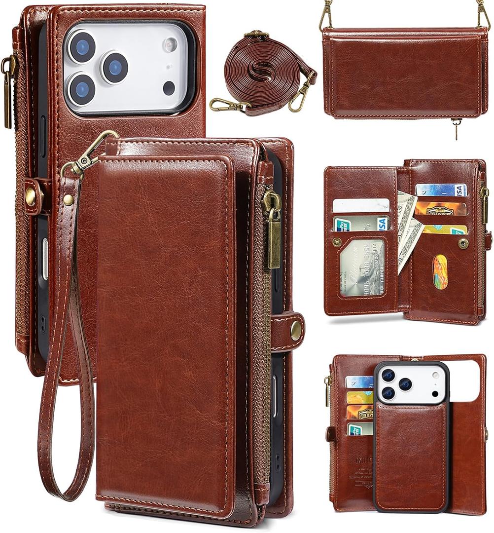 MInCYB for iPhone 17 Pro Wallet Case, [Compatible with Magsafe] [Magnetic Detachable] [RFID Blocking] PU Leather Case with Card Holder & Crossbody Strap for Women Men, Brown
