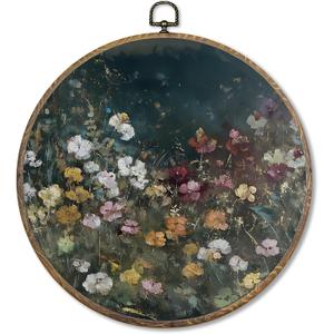 FUGWN Dark Cottagecore Moody Wildflower Round Wall Art Decor Framed, Vintage Flower Botanical Canvas Artwork Prints, Retro Colorful Floral Wall Hanging Decorations for Home Bedroom Room, 10x10 Inch