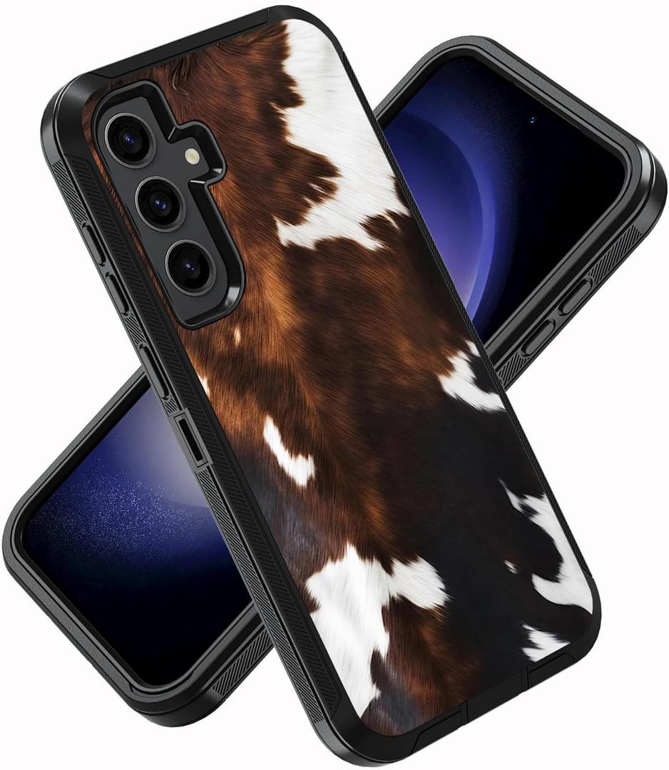 for Samsung Galaxy S23 FE Phone Case, Military Grade Heavy Duty 3-Layer Shockproof Drop Protective Cover for Samsung Galaxy S23 FE 5G 6.4 Inch 2023, Brown Cow Print