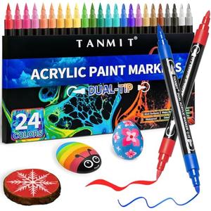 TANMIT 24 Colors Dual Tip Acrylic Paint Markers, Paint Pens Set with Brush Tip and Fine Tip For Fabric, Rock, Wood, Glass, Eggs, Scrapbook, DIY Crafts Making Art Supplies - Teacher Appreciation Gift