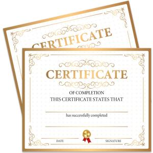 25 Gold Certificate of Completion, Training Completion, Student Course Certificates of Achievement and Recognition, 8x10 Inches