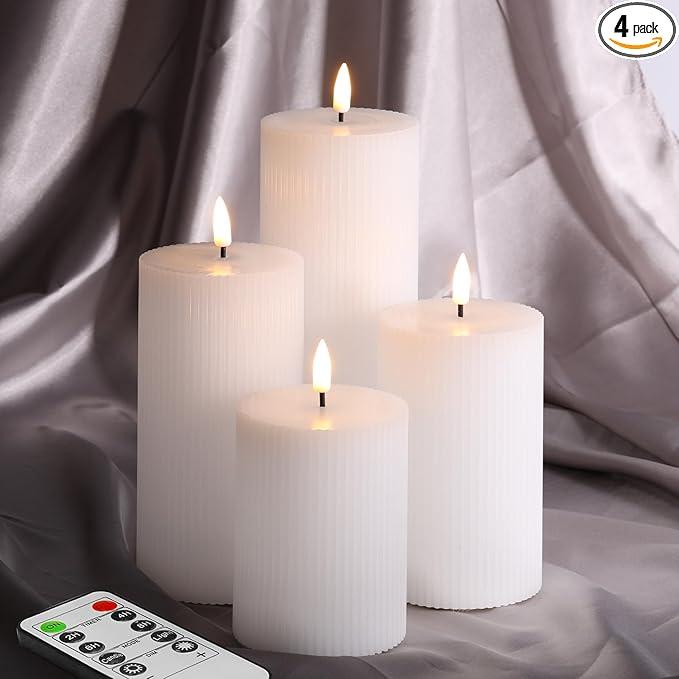 White LED Pillar Candles With a Flickering Effect, Flat Top, And remote Control, Set of 4