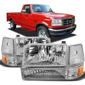 Headlights Assembly Compatible with Ford Bronco F150 F250 F350 Super Duty 1992-1996 Headlights Pickup Headlamps w/Bumper Lights and Corner Lights, Chrome Housing Amber Reflector