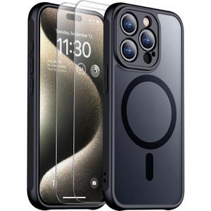 SPIDERCASE Designed for iPhone 15 Pro Max Case, Magnetic Translucent [2 Tempered Glass Screen Protector] [Full Camera Protection] Anti-Fingerprint Anti-Scratch for iPhone 15 Pro Max 6.7, Black