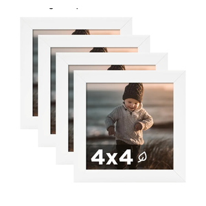 KINLINK 4x4 Picture Frame White Set of 4, Wooden Square Photo Frames with Plexiglass for 4x4 without Mat for Table and Wall Display