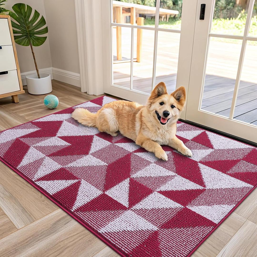 OLANLY Large Door Mat Indoor Entrance Washable 48x32, Odor-Free Low-Profile Front Back Geometric Doormat, Absorbent Resist Dirt Entry Carpet, Easy to Clean Sturdy Floor Mats for Entryway, Burgundy