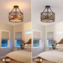 3-Light Hand Woven Boho Ceiling Light, Farmhouse Industrial Dual Round Semi Flush Mount Chandelier, Black Gold Rattan Pendant Light for Dining Room Kitchen Bedroom Living Room Foyer Coastal, Black Gold