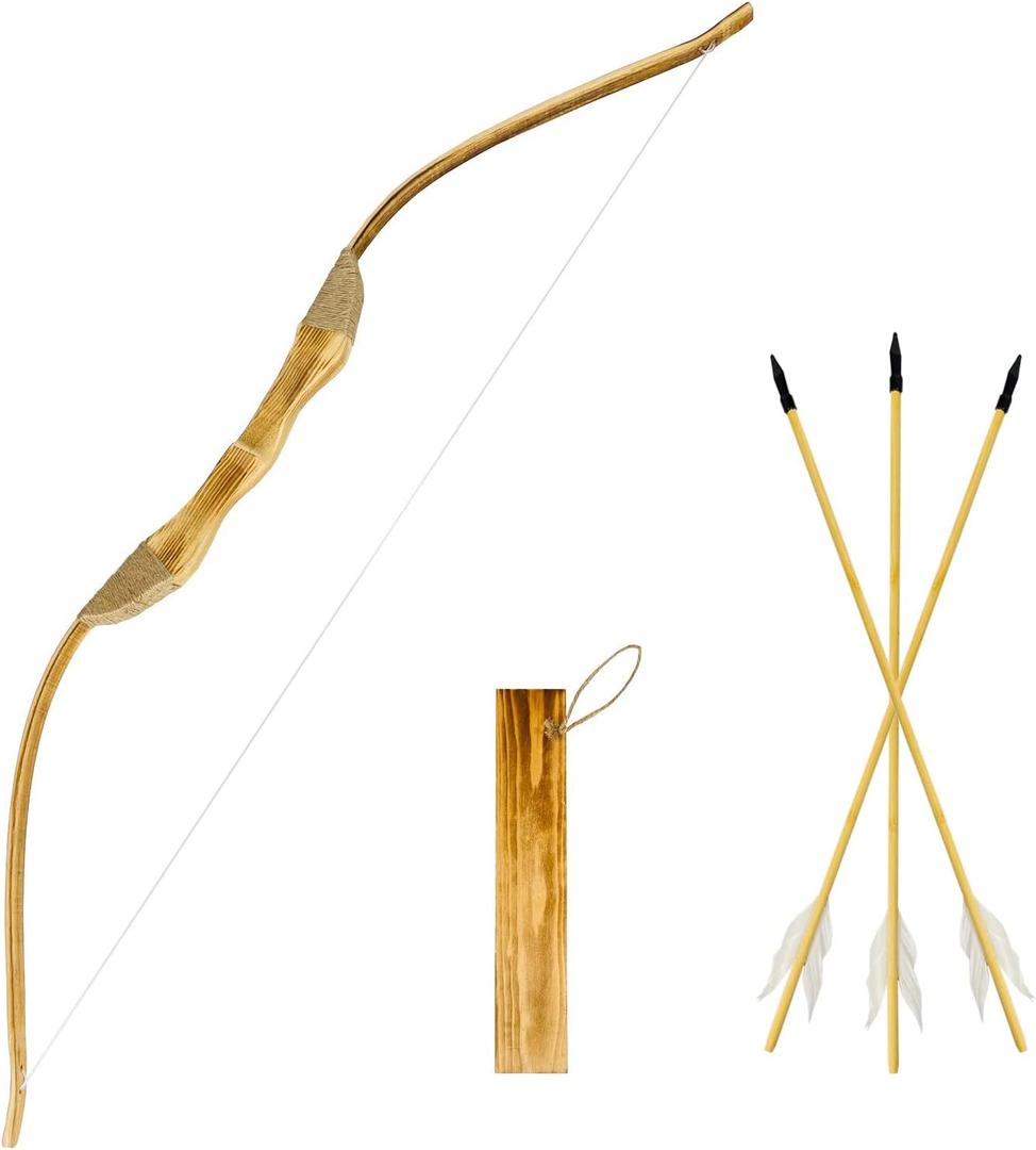 Youth Wooden Bow and Arrow Set, 40 Inch Handmade Wooden Bow and Arrow Cosplay Costume Prop Archery Set Games Toys, 1 Bows 1 Quivers and 3 Feather Arrows, Gifts for Kids Youth Boys and Girl