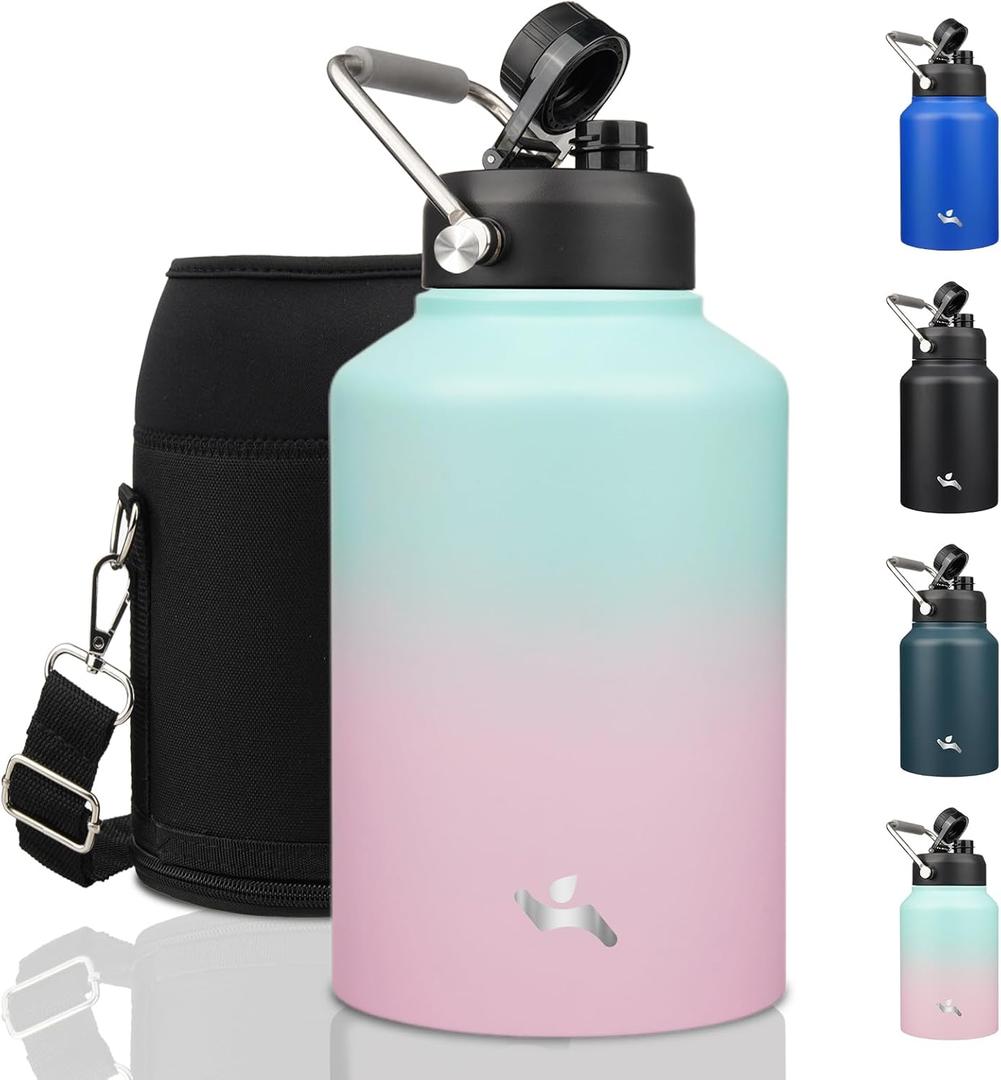Konokyo 1 Gallon Jug with Handle,128 oz Insulated Water Bottle with Carrying Pouch,Double Wall Vacuum Stainless Steel Metal Bottle,Gum