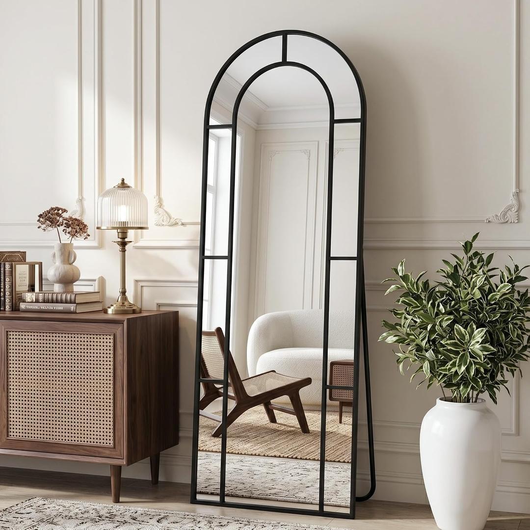58" x 21" Arched Full Length Floor Mirror, Farmhouse Window Pane Mirror with Metal Frame, Decorative Leaning or Wall Mounted Mirror for Bedroom, Living Room, Entryway, Black