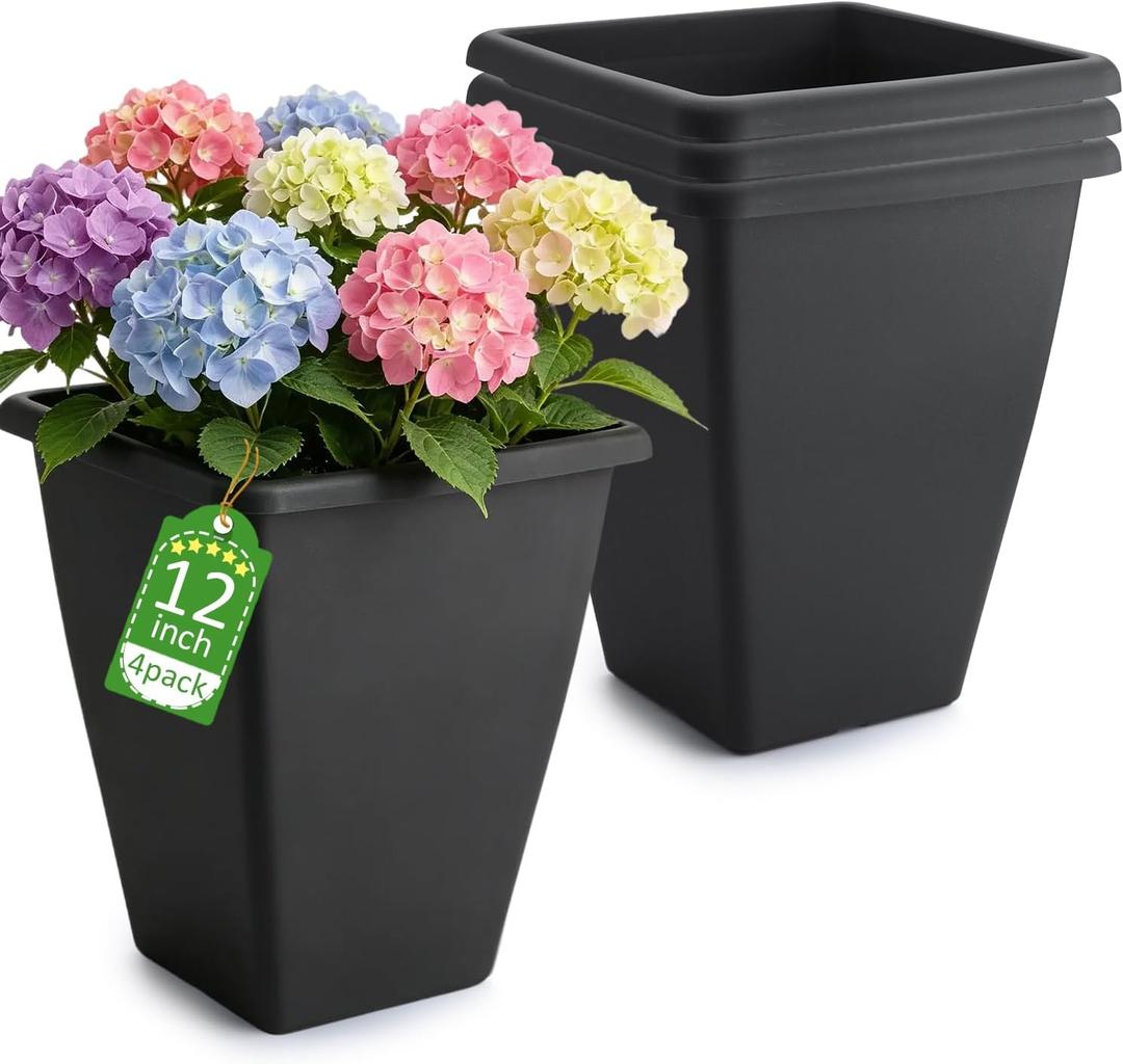 RooTrimmer 4 Pack 12 Inch High-Waisted Square Outdoor Planters No Saucers